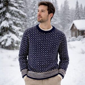 J. Crew Nordic Birdseye Knit 100% Lambswool Crewneck Sweater Mens S Navy Blue